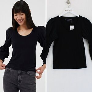 French Connection Tim Tim Mixed Media Stretch Cotton Blouse in Black